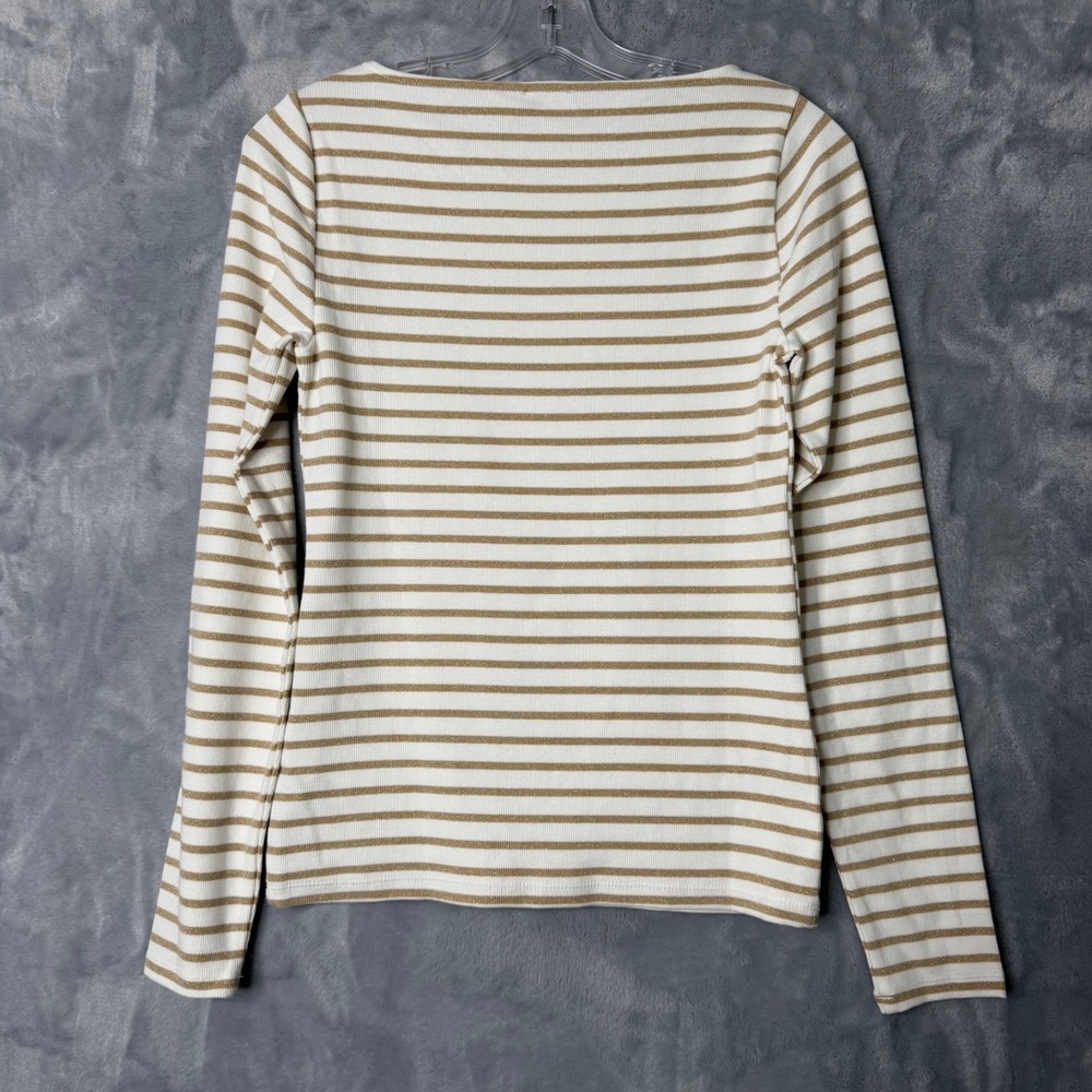 New J. Crew Factory Metallic Strip Boatneck Tee Womens S White Gold Long Sleeve - Picture 4 of 9